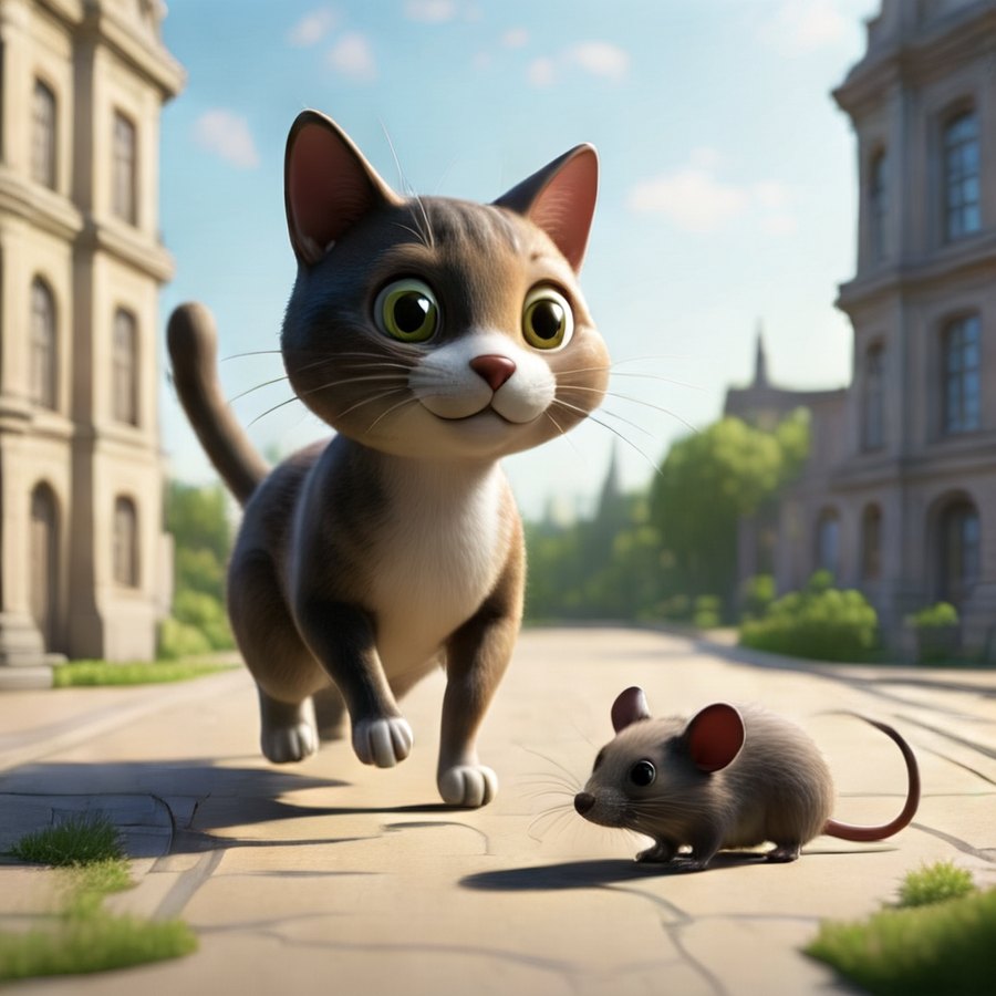 Un chat qui trotte dans une rue ensoleillée, une souris assise juste devant lui.